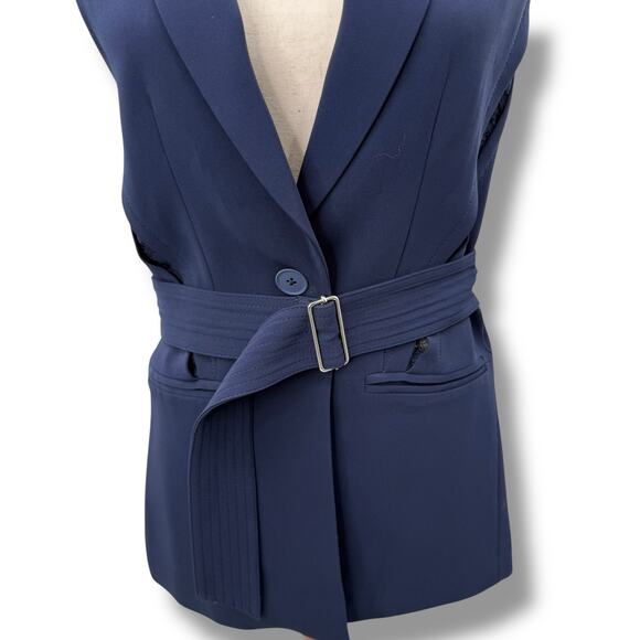 Rebecca Taylor Navy Blue Vest Size 0 XS Lace Trim Belted Suiting Sleeveless - Picture 6 of 14